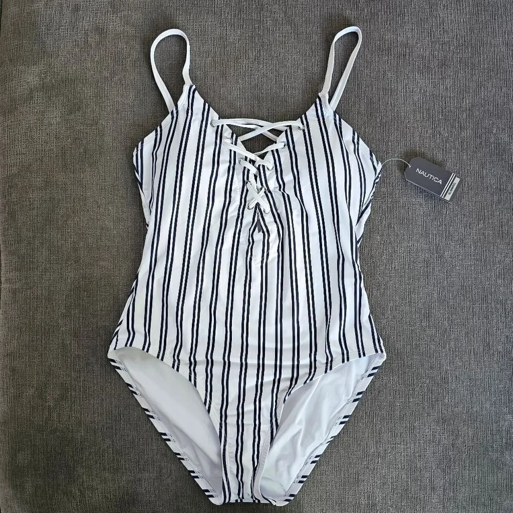 Nautica Cool white & navy Lace-Up Stripe Women's One Piece Swimsuit size large